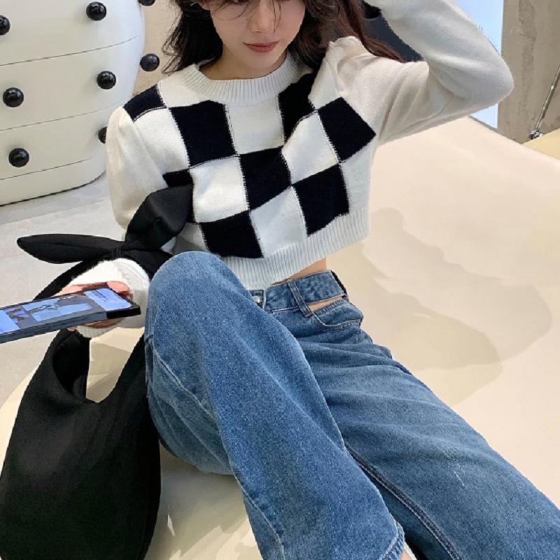 Autumn Sweater Women's Knitted Sweater Checkerboard Pattern Sweater Women's Half High Collar Long Sleeved Knitted Short Sweater