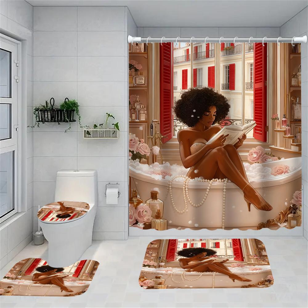 1/4 Badewannenmädchen Druck Duschvorhänge, WC-Sitz Dekoration, Duschvorhang mit Teppich und WC-Deckel, 70,8x70,8 Zoll