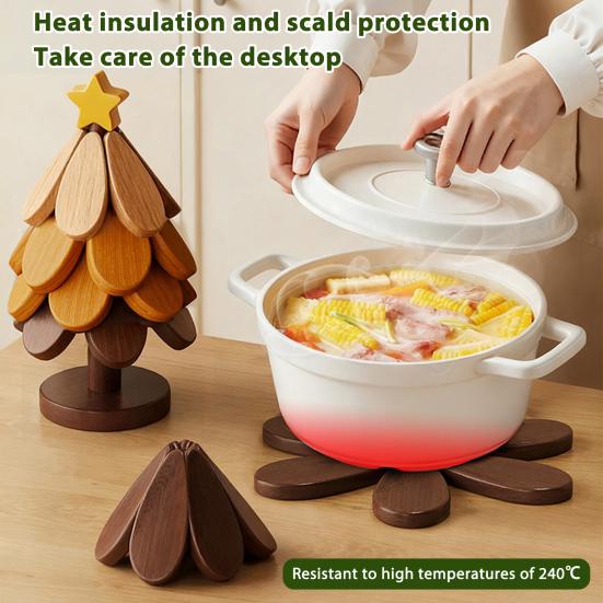 Sada podložek pod horké nádobí ve tvaru vánočního stromku, tepelně odolný dřevěný trojnožkový držák na hrnce, odolný proti skvrnám, chrániče stolu pro kuchyňské stolování