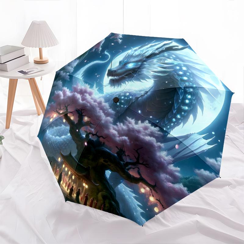 1pc Dragons Cherry Blossoms and Moonlit Festivities Automatic Opening/Closing Umbrella with Portable Tri-Fold Design, 8-Bone Iron Frame - Outdoor