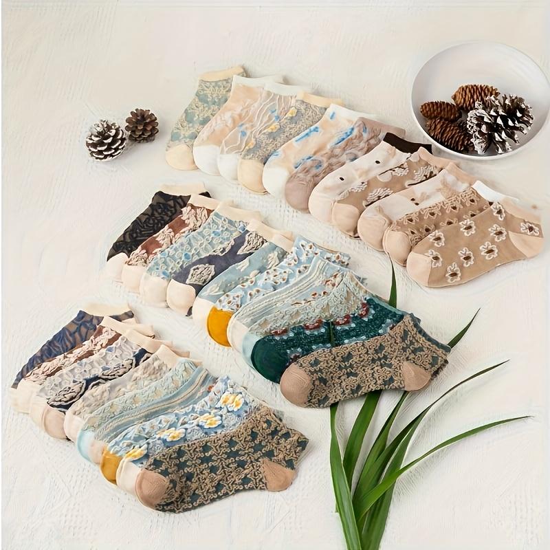 10 Pairs Vintage Jacquard Ankle Socks, Random Beautiful Patterns, Unique Charming Casual Socks