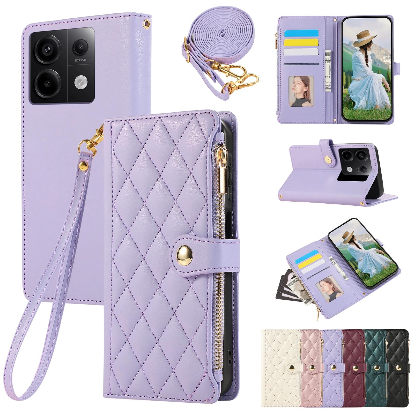 

Кожаный чехол-кошелек на молнии через плечо для Xiaomi Redmi Note 13 Pro Plus 12 11 13C 13T Poco M6 X6 X5 со шнурком, кошелек, бриллиантовая крышка For POCO X5 фиолетовый