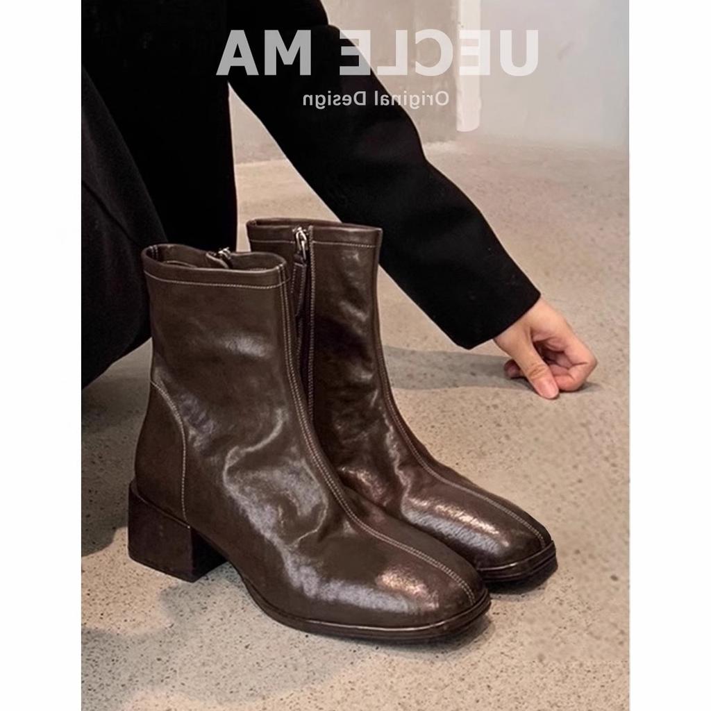 Cowhide~ Short Boots Women's Brown Korean Small Ankle Boots Martin Boots Chelsea Skinny Boots Women's French High Heels Autumn and Winter