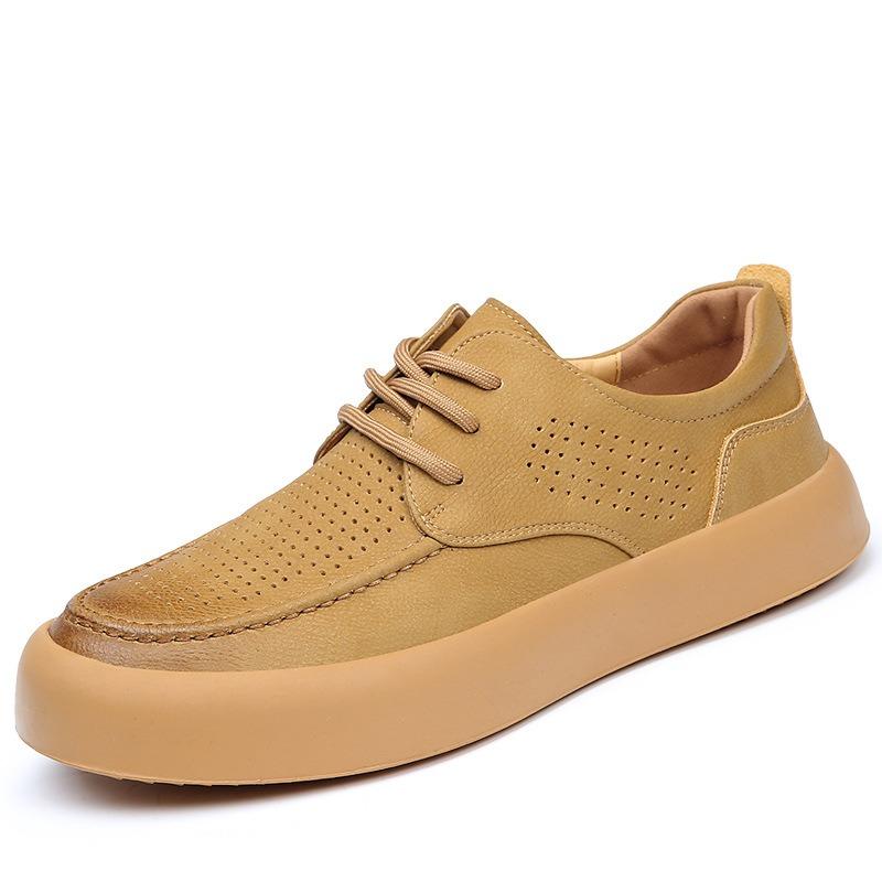 Summer Leather Breathable Men's Shoes New Versatile Trend Thick Sole Hollow Hole Casual Leather Shoes Men's Board Shoes