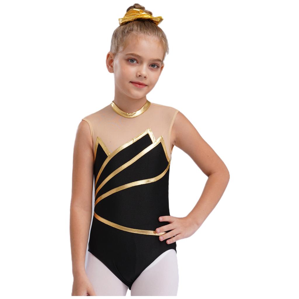 Girls Gymnastics Leotard: Metallic Striped Sheer Mesh Patchwork Keyhole Back Sleeveless Bodysuit for Dance Performance