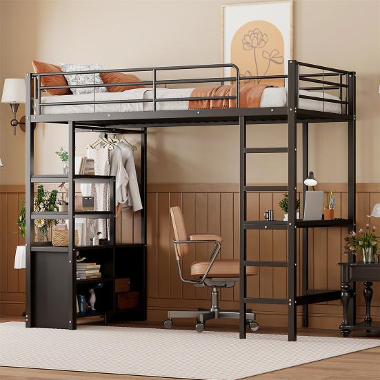 Metal Bed Loft Bed 90x200cm No Mattress with Desk Socket And USB Children Multiple Shelves Open Storage Cabinet Railing Ladder Iron