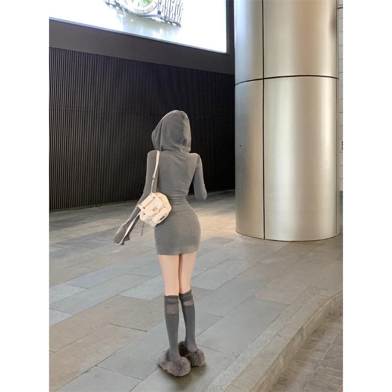 Frühling Herbst Einfarbig Sexy Mode Slim Bodycon Mini Sweatshirt Kleid Damen Langarm Kapuze Schlitz Robe Vestidos