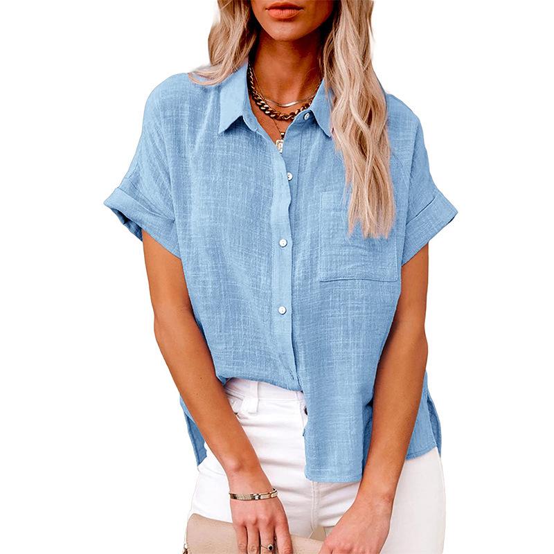 2025 Summer European & American Women's Solid Color Linen Short Sleeve Casual Loose Blouse