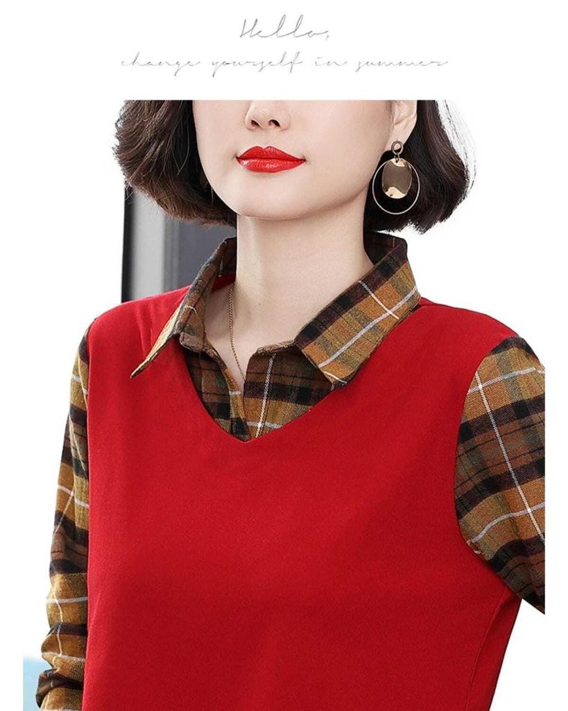 Women's Plus Size Patchwork Plaid Polo Neck T-Shirt, Versatile Fake Two-Piece Long-Sleeve Base Layer, Perfect for Autumn and Mother's Wear.