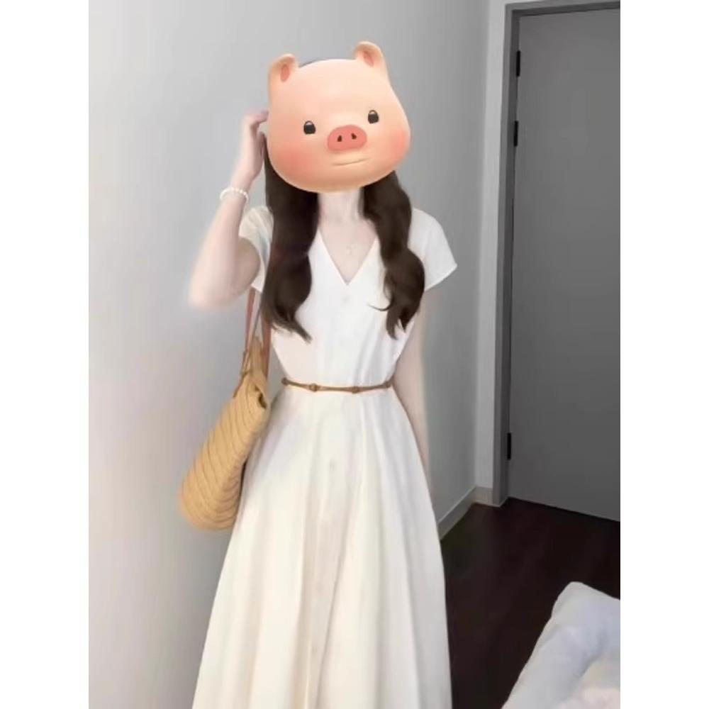 Apricot dress summer casual new popular wear with waist shirt v-neck small temperament dress