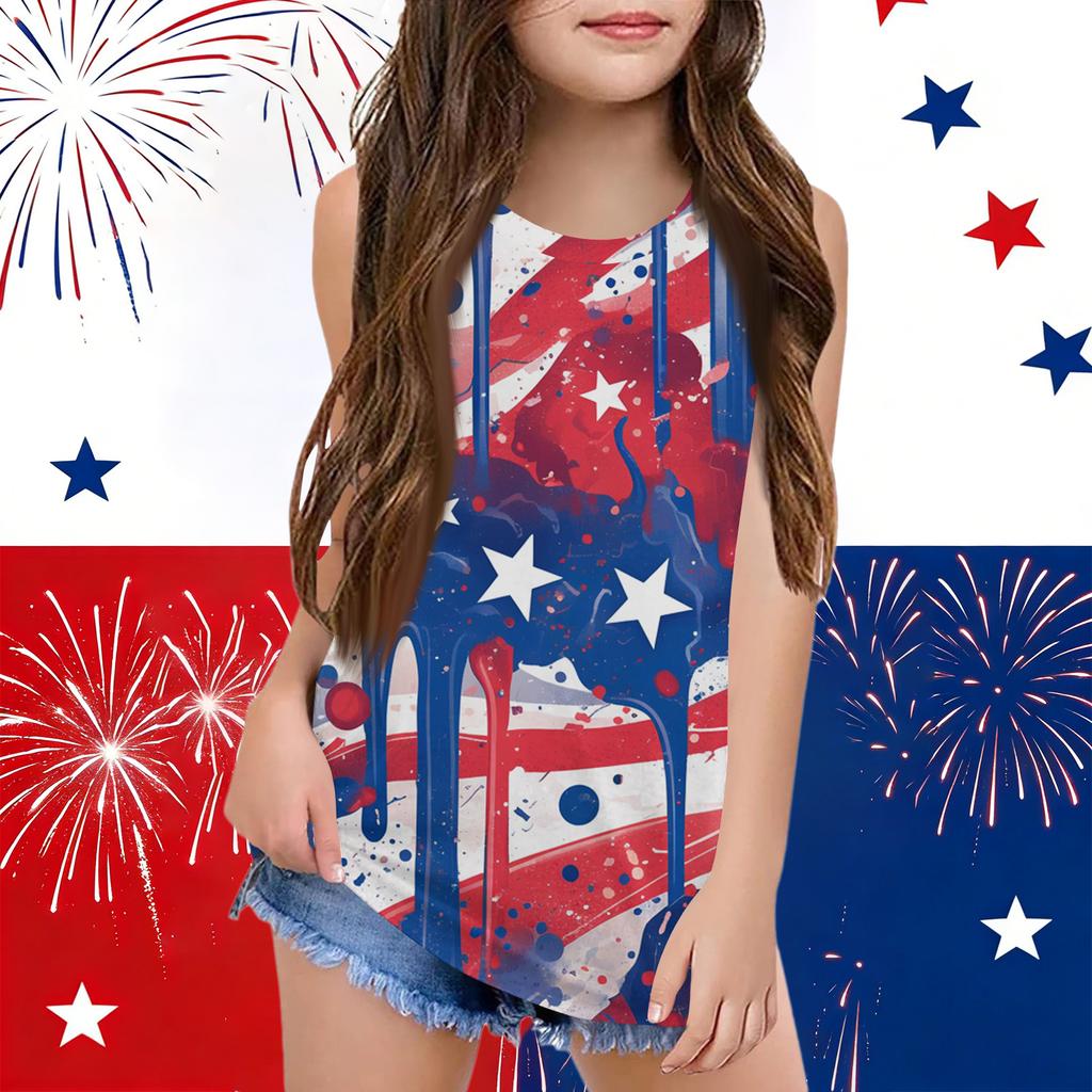 Girls  Kids Summer Crewneck Sleeveless Shirts Tank Tops Independence Day