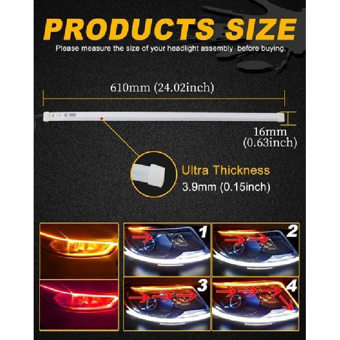 Sequential Flowing LED Strip 24inch Red+Yellow Daytime Running Lights 60cm Turn