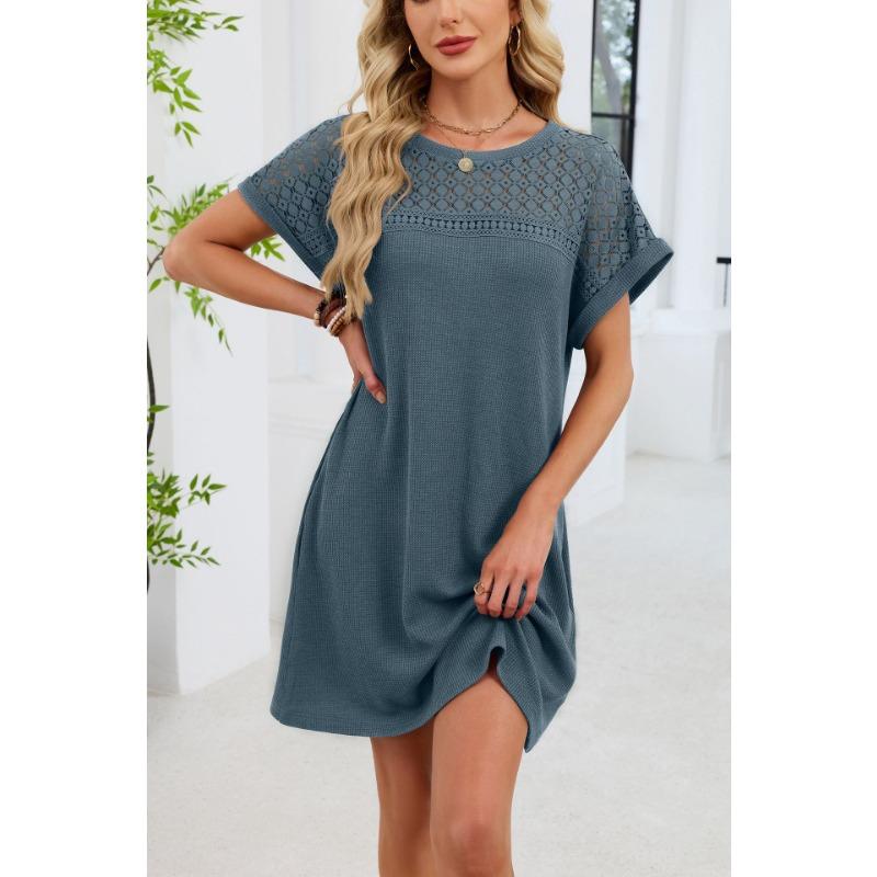 Spring/Summer Lace Splicing Loose Short Sleeve Dress New Solid Color Sweet A-line Dresses Round Neck Elegant Solid Color Casual Simple Party Clothing