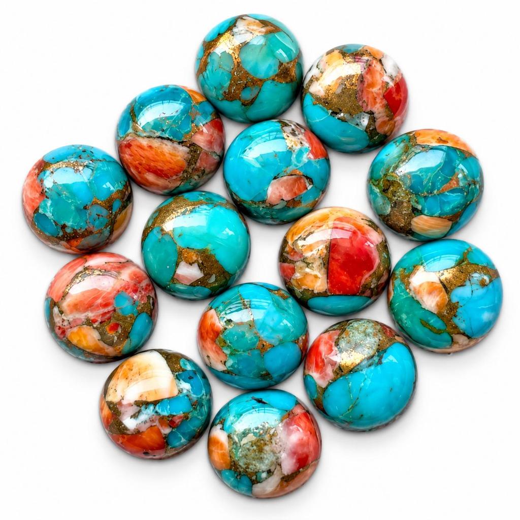 Oyster Turquoise Round Cabochon, Colorful Turquoise Loose Gemstone, Blue Coral Red Oyster Turquoise Stone for Jewelry Making