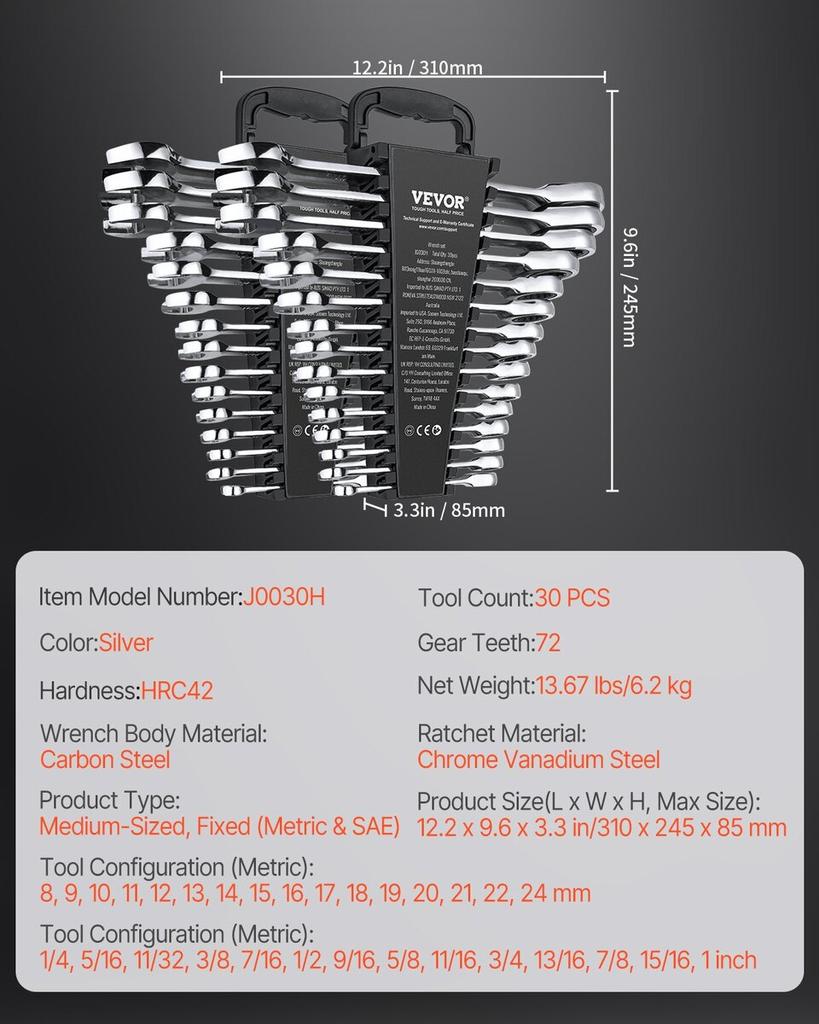 Combination Wrench Set 30 PCS SAE 1/4" to 1", Metric 8-24mm Organizer Rack