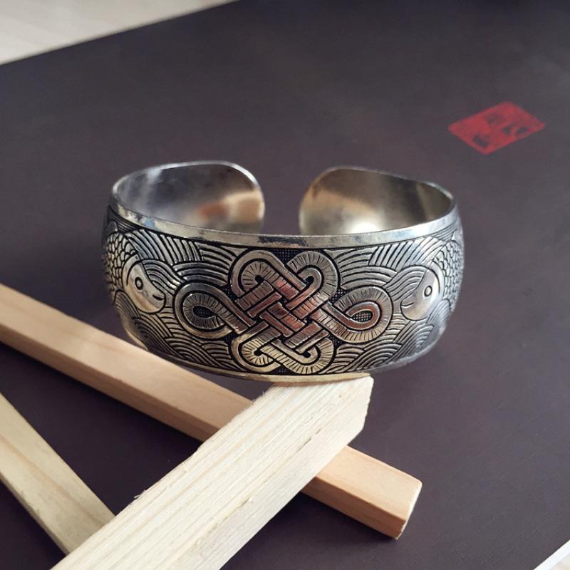 Retro Silver Bracelet Engraved Opening Wide Bracelet Fashionable Personality Miao Silver Old Antique Jewelry