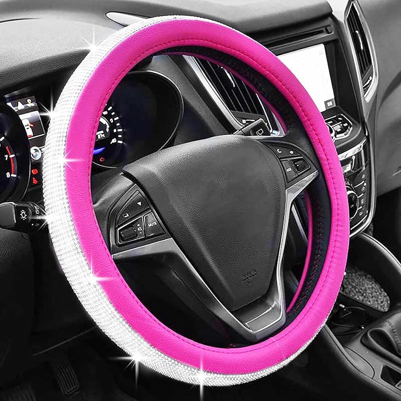 Black Leather Bling Diamond Steering Wheel Cover For Women Universal Fit 14.5In-15In