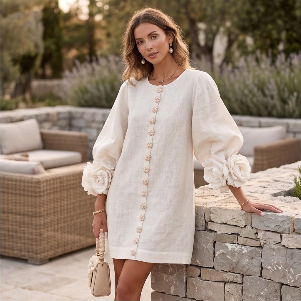 Women's Sleeve Cotton Linen Dress with Three- Floral