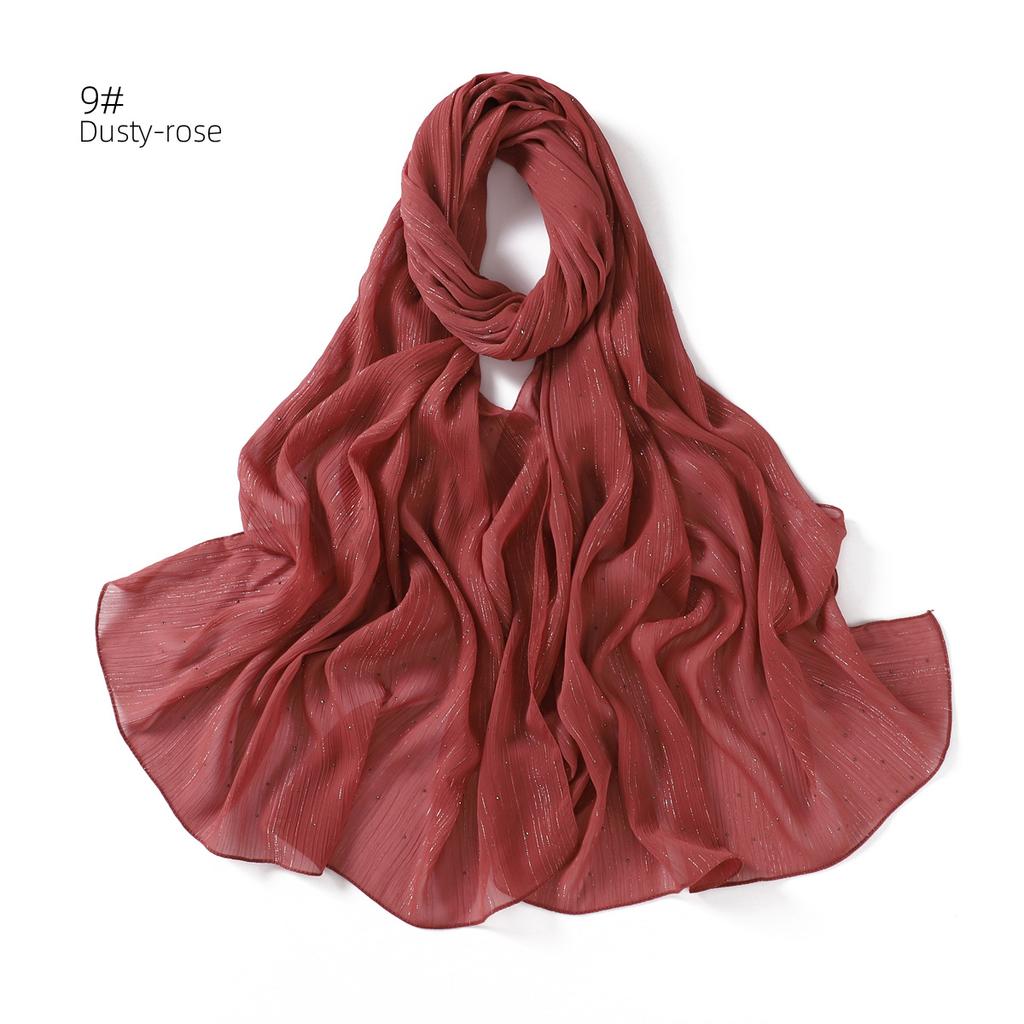 New Solid Color Silver Sequin Rhinestone Chiffon Scarf Fine Pleated Breathable Women's Turban Wrap Malay Shawl