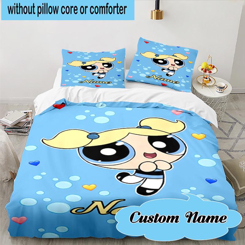 3PCS Custom Name Powerpuff Adventure Bedding Set, Including 1pc Duvet Cover And 2pcs Pillowcases, Suitable for Dorms and Bedrooms Gift