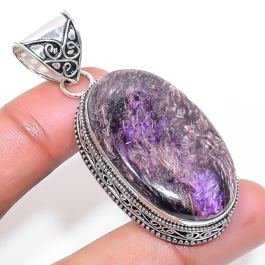 

Подвеска из натурального русского драгоценного камня чароит из стерлингового серебра 925 пробы 2,25 дюйма A7E31