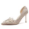 8335-1 High Heels Damen 2025 neu spitz zulaufende Kristall-Hochzeitsschuhe Strassschleife dünner Absatz seitlich ausgeschnittene Schuhe