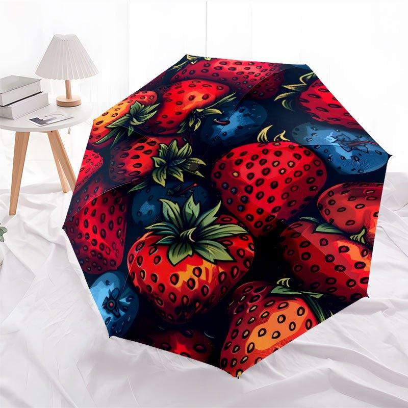 Stained Glass Strawberries And Flowers Portable Automatic Umbrella Folding Umbrella With 8 Ribs Foldable Design Perfect For Outdoor Adventures Vibrant