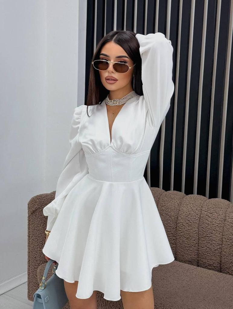 Elegant Women's Spring V-Neck Solid Color Long Sleeve Party Dress