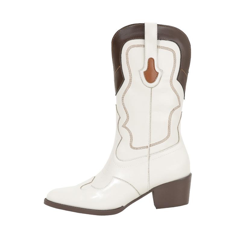 

Martin boots women s autumn new pointed embroidery thread color matching thick heel medium heel short tube ZR western cowboy boots 35