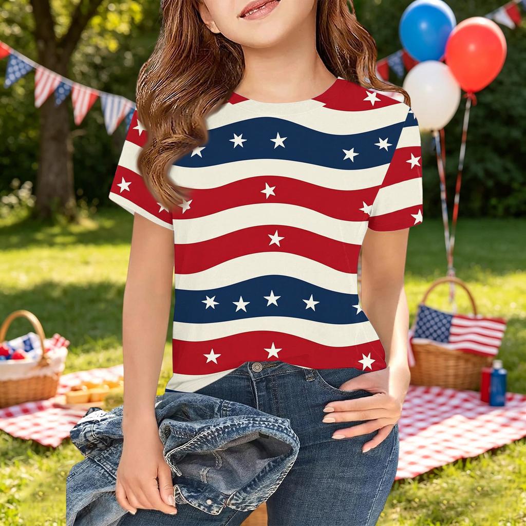 Girls Short Sleeve T-Shirt Independence Day Print Crew Neck Casual Top Lightweight Soft Fabric Comfortable Fit