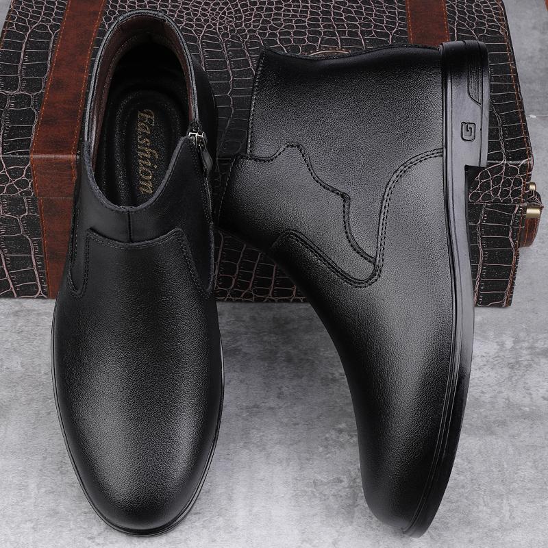 Módní zimní plyšové obchodní vysoké kožené boty v anglickém stylu Chelsea pánské boty s kulatou špičkou krátké boty z pravé kůže pro volný čas