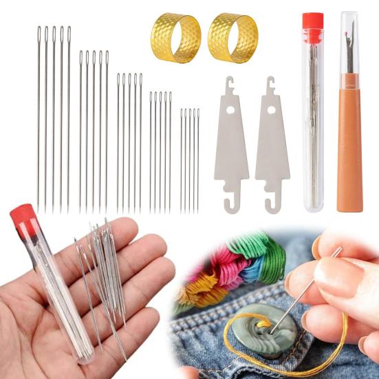 37 Pcs/Set Big Eye Sewing Needles Hand Sewing Kit Stainless Steel Needles with Seam Opener Needle Threaders Assorted Color Threads Thimbles
