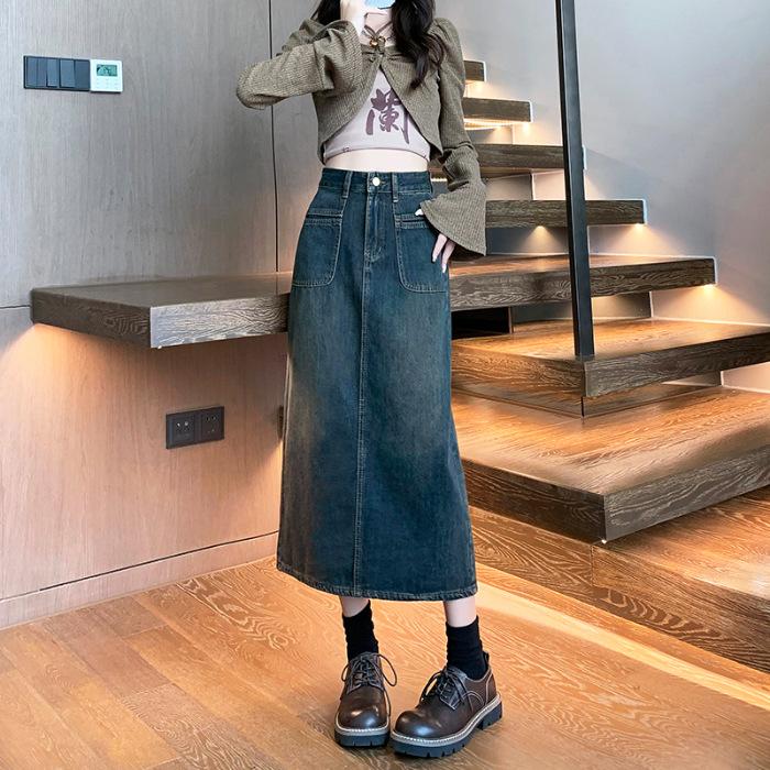 

Весенне-летняя универсальная юбка А-силуэта средней длины с разрезом для женщин. Весенне-летняя джинсовая юбка, облегающая бедра. 2XL