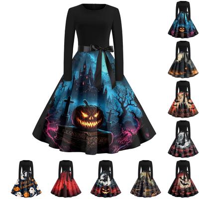 Dámske ležérne módne šaty s okrúhlym výstrihom s halloweenskou potlačou vo vintage štýle