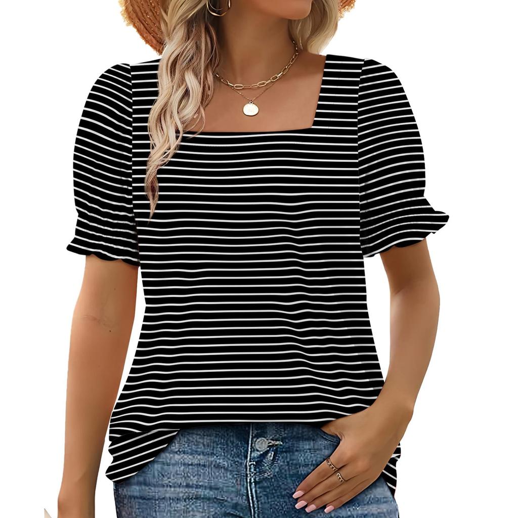 Women's Fashion Square Neck T-Shirt With Petal Sleeves, Short-Sleeved Striped Top