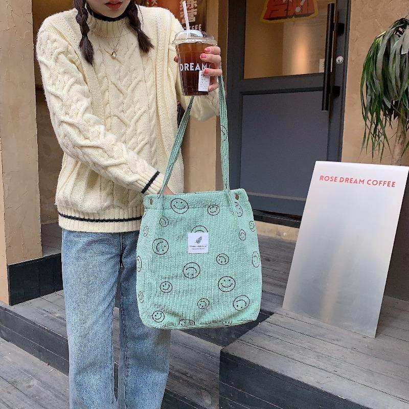1 retro corduroy smiley face shoulder tote bag female student class canvas bag simple hand bag bag