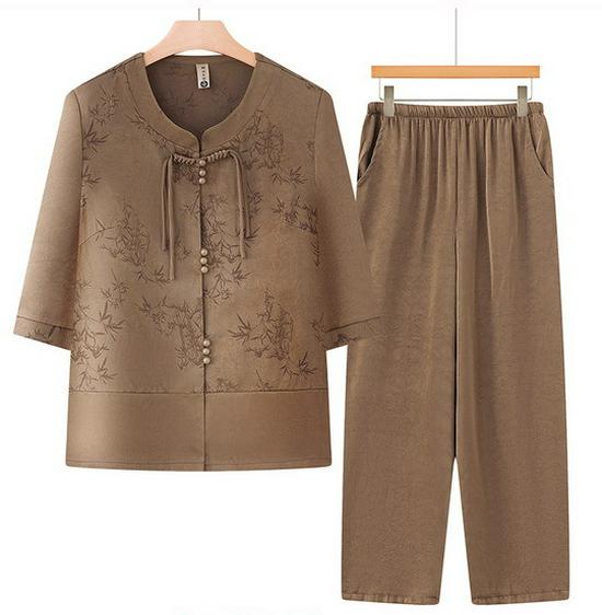 

2026 Summer Floral Print Chinese Style Seven-Sleeve Top & Pants Set for Mothers 5XL (for 145-160 jin) кофейный