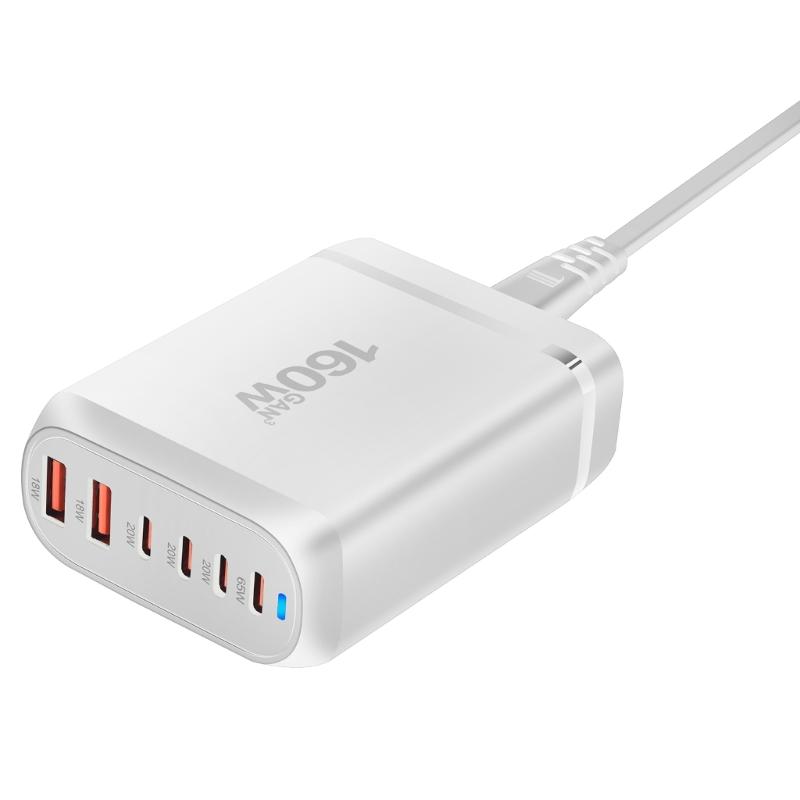 Multiple Device Charging Station, 160W USB C Charger with Double USB & 4Type C Port, for Electronics Devices Travel Use