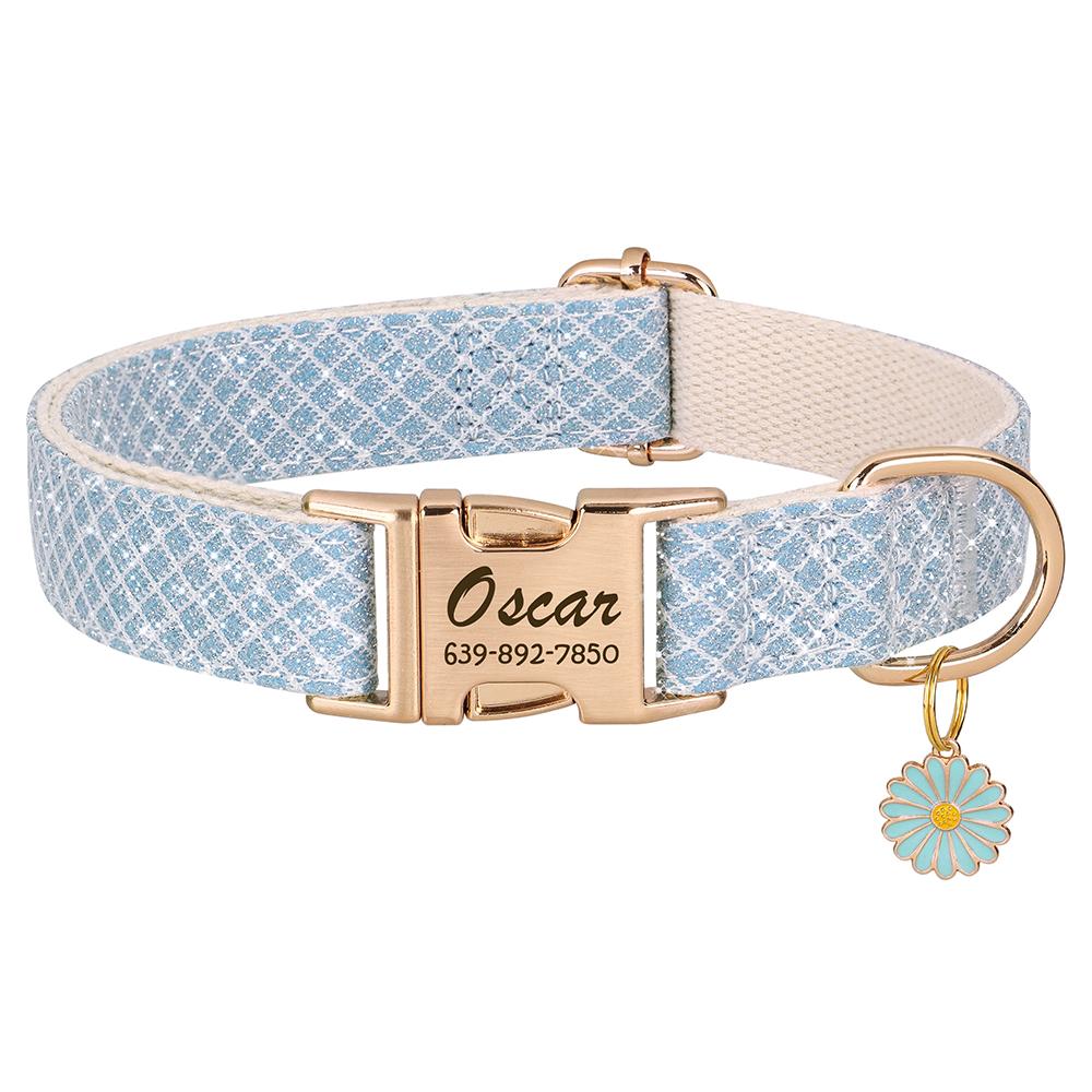 Bling Nylon Personalisierbares Hundehalsband Niedliches Blumenanhänger Hundehalsbänder Gravur Haustiername ID-Schnalle Halsband Für Kleine Große Hunde Chihuahua