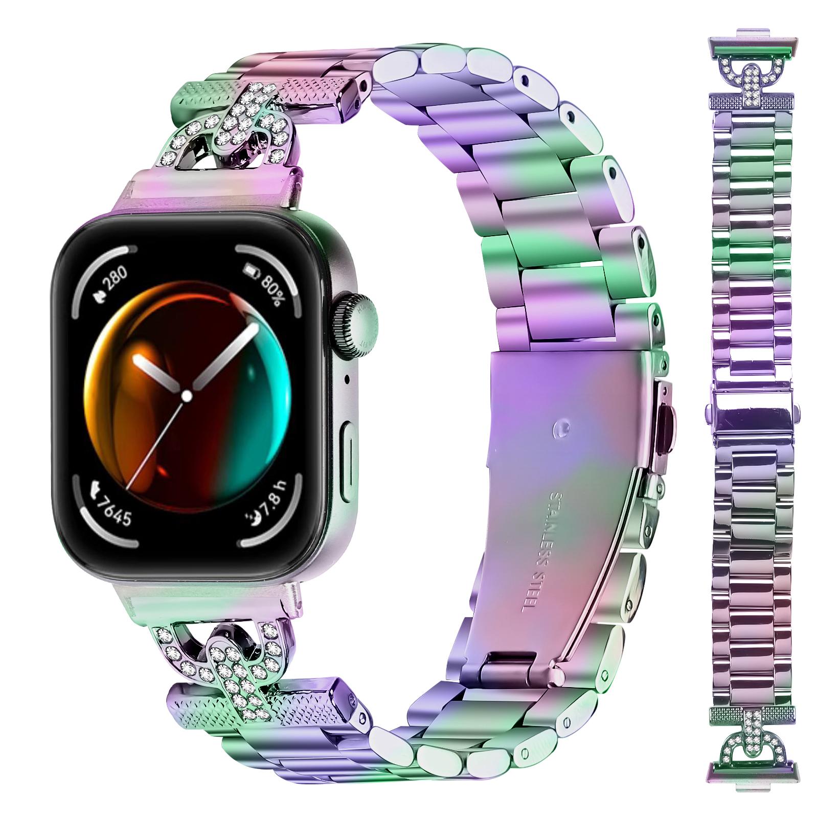 

Colored Watch Strap for Huawei Watch Fit 3 D-Shape Rhinestones Decor 3-Bead Metal Band Colorful