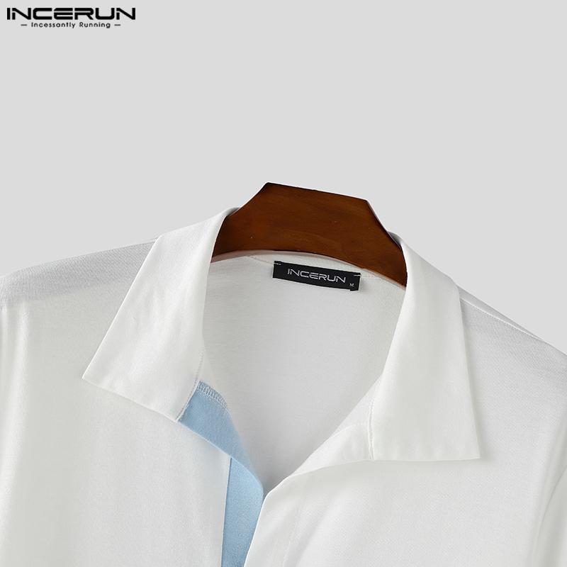 INCERUN Men Lapel Neck Long Sleeve Stitching Slightly Casual Fitted Cropped Tops Undershirts