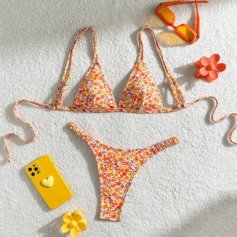 

Европейский и американский купальник бикини на шнуровке с цветочным кружевом 2025: Сексуальный раздельный пляжный наряд Extra Small оранжевый