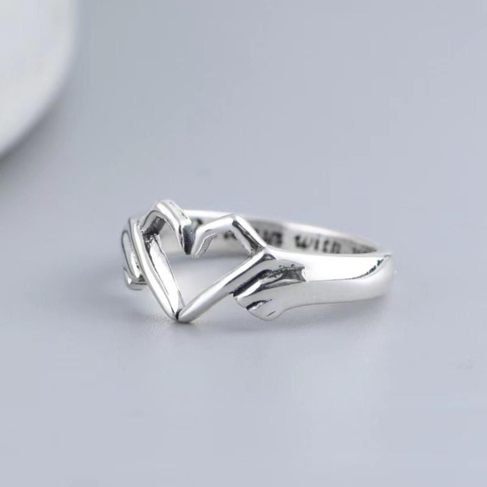 2pcs Lettering Silver Color Warmly Embraced Love Hug Open Ring Women Creative Hands Embracing Adjustable Valentine's Day Rings
