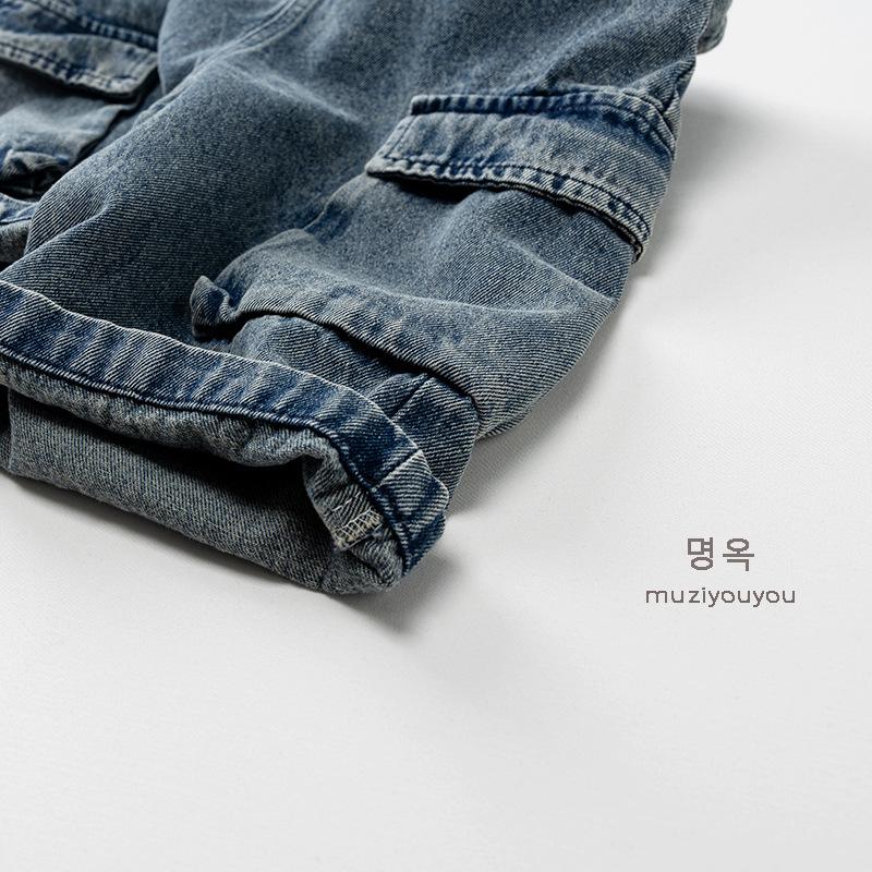 Kids Loose Casual Solid Denim Suspender Long Pants Unisex Baby Korean Style Children Clothing
