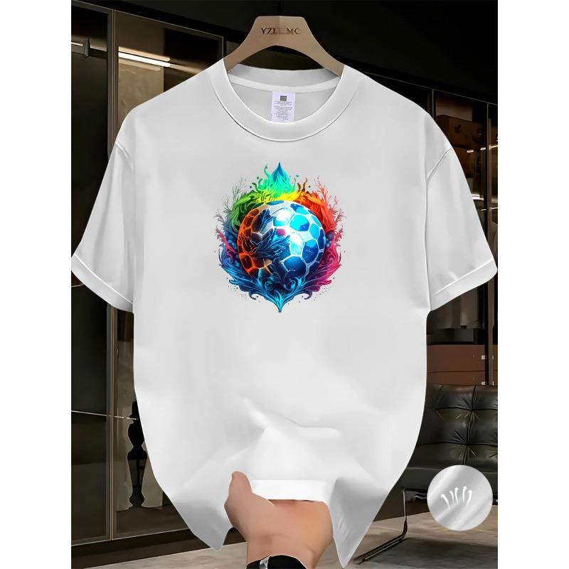 Men's T-Shirt - Football Pattern Print - Casual Round Neck Design - Suitable for Training and Outdoor Wear - Machine Washable - Sports and Daily Wear