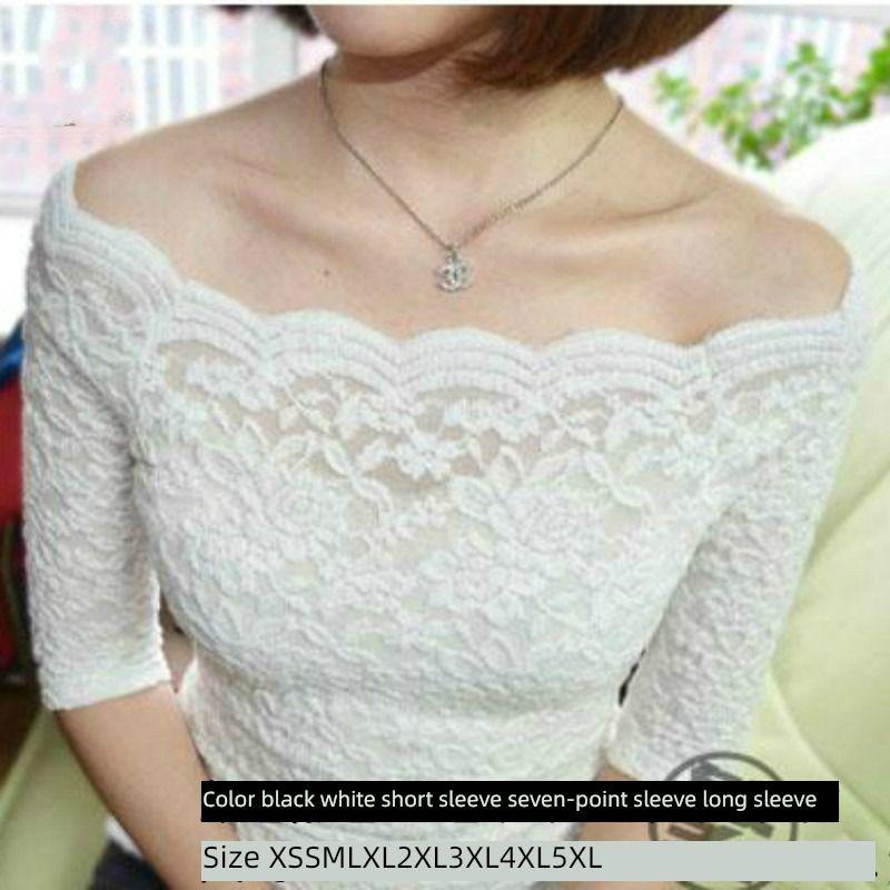 

Блузка с открытыми плечами, длинными рукавами и кружевом, облегающего кроя, удобная White Long-Sleeve XS