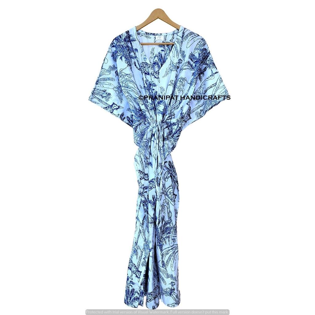 Robe longue d'été en coton pour femme, style hippie, imprimé forêt, bleu, maxi caftan CKFTN-SCRN-FULL-BUYIT-136
