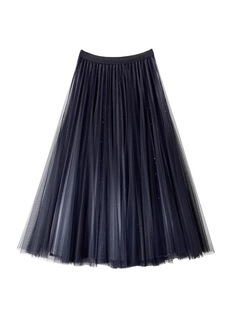 Women's Starry Sky Gradient Pleated Mesh Skirt 2026: Fashionable Slimming Long Skirt with Large Hem