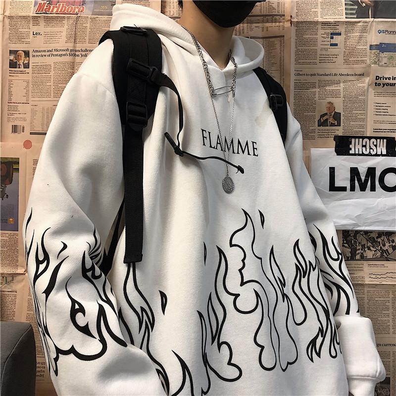 Men Student Hoodie Round Neck Long Sleeve Pullover Sweatshirt Creative Graffiti Flame Pullover Harajuku Oversized Loose Hooded Sweat Shirt