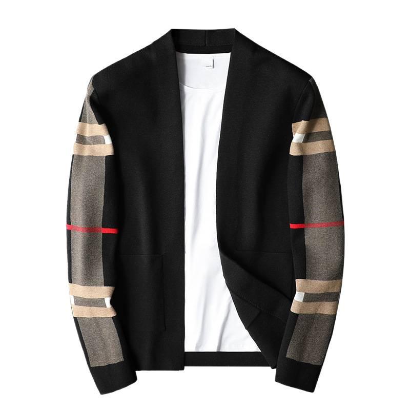 Men's Knitted Cardigan Sweater Slim Fit Autumn and Winter V-Neck Plaid Line Casual Jacket